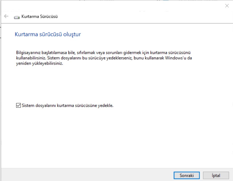 Windows 10 Kurtarma Sürücüsü Oluşturma Adımları