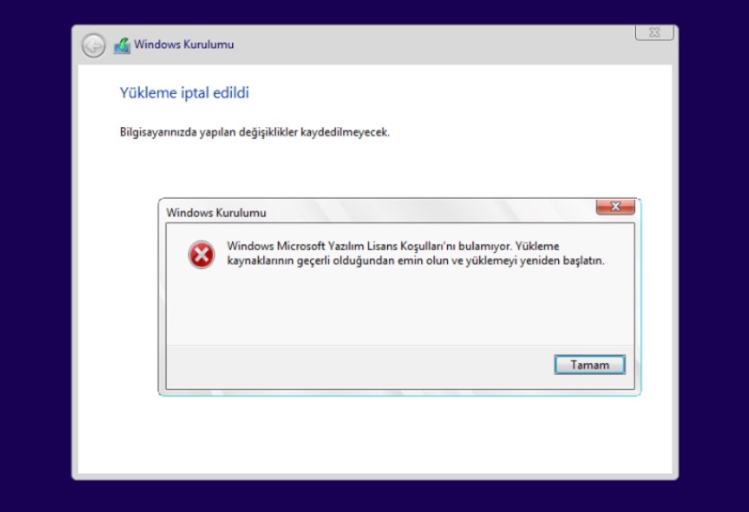 Windows Microsoft Yazılım Lisans Koşullarını Bulamıyor
